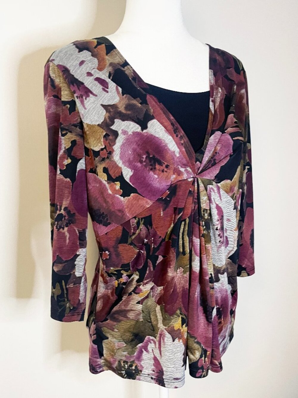 Vintage Dressbarn Floral Blouse Women’s Large Purple 3/4 Sleeve Layered V Neck